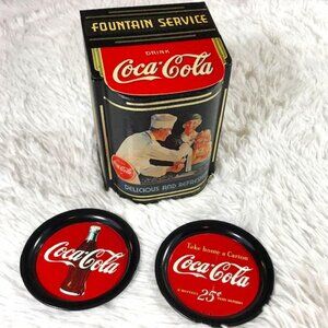 NWOT Vintage Coca-Cola 'Fountain Service' Angled Hinge Lid Tin & Coasters Set
